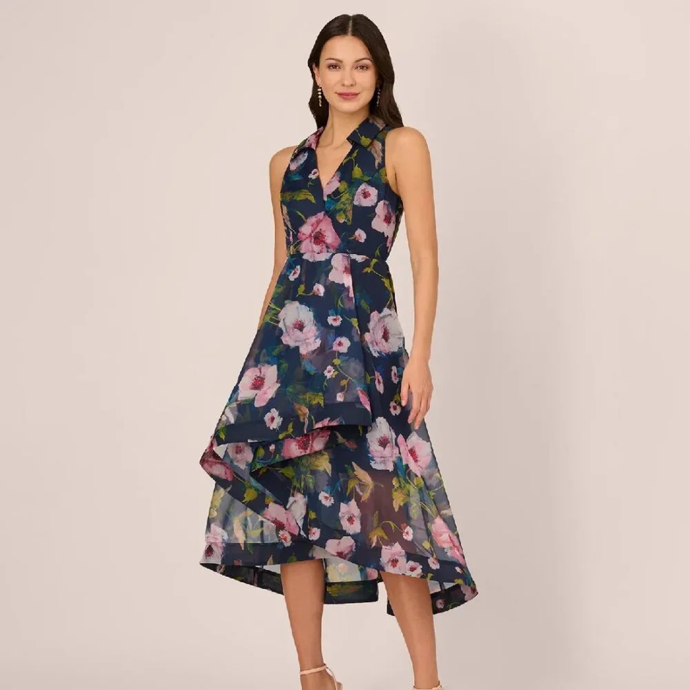 Floral Printed High Low Organza Halter Dress - Navy Multi - Picture 1 of 4
